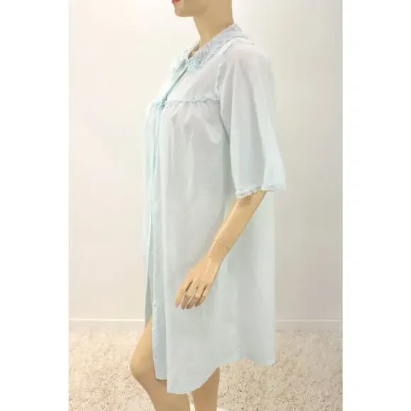 Vintage Sears House coat Robe Blue Cotton Blend Medium Button Front Girly Granny - Picture 3 of 9